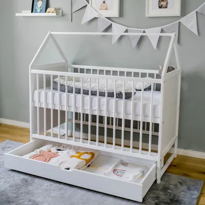 Produktbild von Babybett Beistellbett mit Schublade Hausbett Kinderbett Baby Bett höhenverstellbar und umbaubar, ohne Matratze, weiß, 60x120 cm