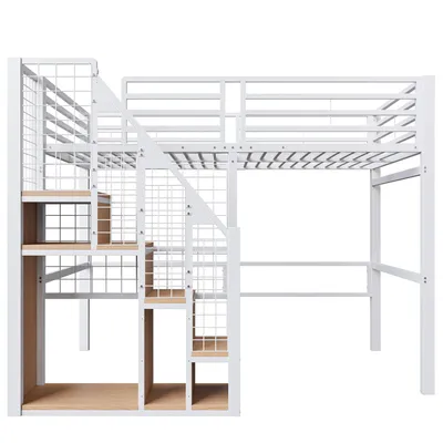 Produktbild von Flieks Etagenbett 140x200cm mit Treppe, Hochbett Kinderbett mit Staufach und Kleiderstange, Metallbett Doppelbett Jugendbett mit Lattenrost, Weiß