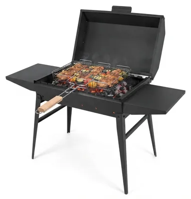 Produktbild von Schaschlikgrill aus 2 mm Stahl mit Deckel, 2 Ablagen & Grillrost – Mangal Holzkohlegrill für Schaschlikspieße und BBQ, klappbarer Grill für Garten, Terrasse, Camping & Picknick