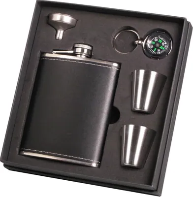 Produktbild von Hauser Flachmann aus Edelstahl mit schwarzem Kunstlederüberzug + Kompass, 210 ml