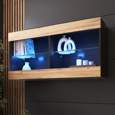 A modern wall-mounted display cabinet with LED lighting.