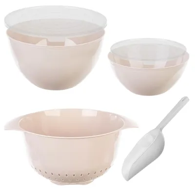Image de Lot de saladiers - Saladiers avec couvercle - 4 pièces - Saladiers de 1,5 l et 3 l - Passoire de 3,5 l - Beige