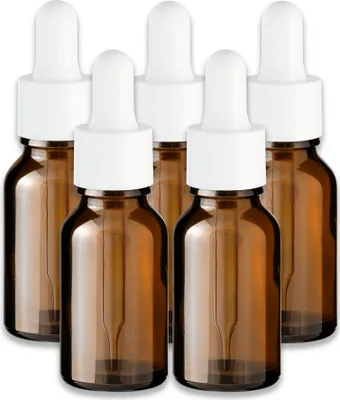 Produktbild von 5x Braune Glasflasche 15 ml mit weißer Pipette Tropfer 18 mm leer Set