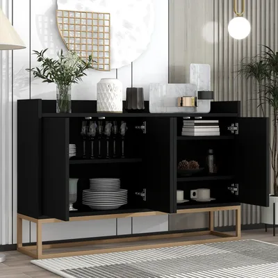 Produktbild von Schöne moderne Kommode mit 4-Türiger 120 cm Sideboard Schrank für Esszimmer, Wohnzimmer, Küche - Schwarz