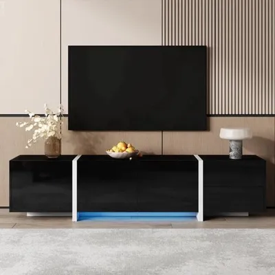 Imagen del producto de Mueble de TV de alto brillo, color negro - 170 cm de ancho - Diseño moderno con cajón y puertas