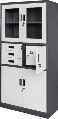 Zdjęcie produktu dla Szafa biurowa metalowa na akta i dokumenty Mega-M WENUS W-15 przeszklona z sejfem grafitowa/szary front 90x40x185 cm skręcana