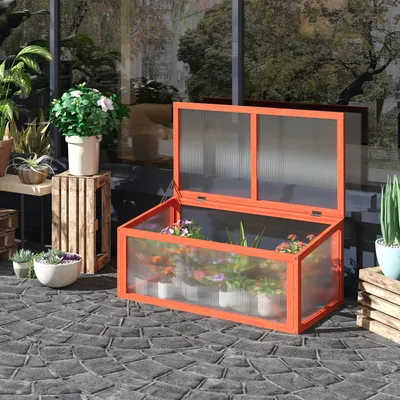 Image de Châssis de culture en bois et polycarbonate, mini-serre à toit rabattable, bois de sapin, orange | 90 x 46 x 40 cm | 3,6 kg | résistant aux intempéries