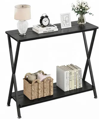 Imagen del producto de Mesa consola estrecha - Mesa para recibidor - 2 estantes - Estructura de metal - Ahorra espacio - 85/105 cm - Color negro