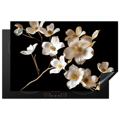 Produktbild von KitchenYeah© Herdabdeckplatte Schwarz - Blumen - Weiß , 81x52cm, Küche Deko, Glaskeramikkochfeld Herdabdeckung, Abdeckplatte fùr Kochfeld