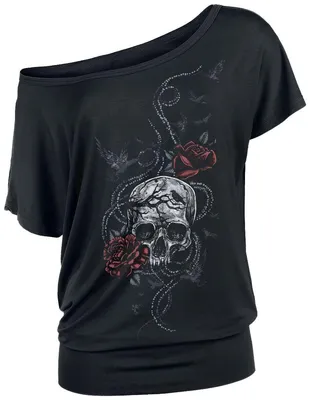 Produktbild von Black Premium by EMP Damen schwarzes T-Shirt mit großem Totenkopf Rosen Frontprint L