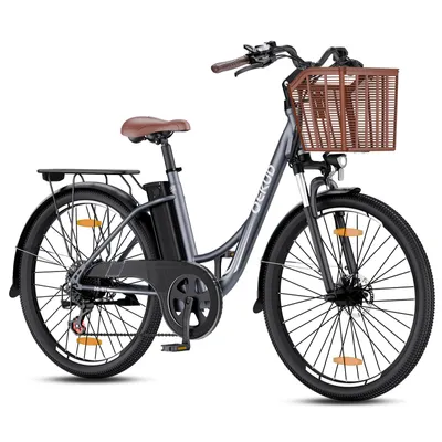 Immagine prodotto di Bicicletta elettrica Qekud da 26 pollici, city bike – motore da 250W, batteria 36V 13,5Ah, autonomia di 80 km, cambio Shimano a 7 velocità, display LCD – colore grigio