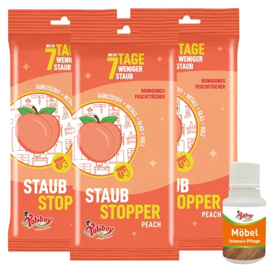 Produktbild von POLIBOY Staubstopper Peach Feuchttücher - Antistatische Staubtücher mit Pfirsichduft - Allzweck-Feuchttücher zur Staubreduzierung - Möbeltücher für alle Flächen - 3x 24 Tücher - Mit Produktprobe – Grö