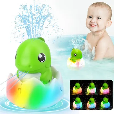 Produktbild von Dino Badespielzeug Wiederaufladbar - Wasserdichtes LED Babyspielzeug mit Wasserspritze & Sensorik - Pool- & Badespielzeug für Jungen & Mädchen