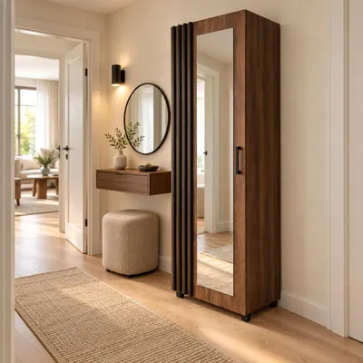 Productafbeelding van KSHOMECONCEPT Garderobe LAYLA met spiegel, Warmia notenhout met lamellen in zwart, universeel