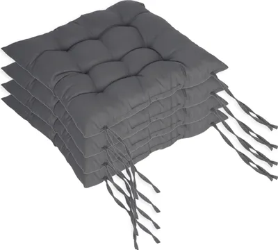 Produktbild von Relaxdays Stuhlkissen, 4er Set, 40x40 cm, gesteppte Sitzpolster mit Bändern, indoor & outdoor, Polyesterbezug, anthrazit