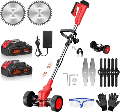 Produktbild von Akku-Rasentrimmer, elektrischer Rasenmäher, mit 2 Akkus, Schnittwinkel 180°, Teleskopstiel und Zusatzgriff, klappbar, mit Rädern