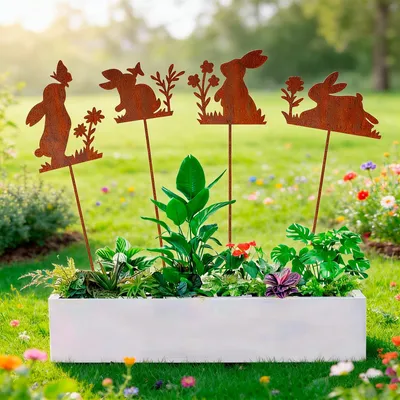 Produktbild von Set mit 4 Oster-Gartensteckern – Rostige Osterhasen-Außendekorationen, wetterfest – Osterdekorationen für Garten und Balkon, Blumenstecker – Rostige Hasenfiguren – Osterdekoration für Töpfe