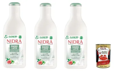 Produktbild von Nidra Bagnolatte Addolcente Duschgel Hilft, die Haut mit Feuchtigkeit zu versorgen und zu reinigen mit Feigenmilch und Aloe-Extrakt 3x 750ml + Italian Gourmet polpa 400g