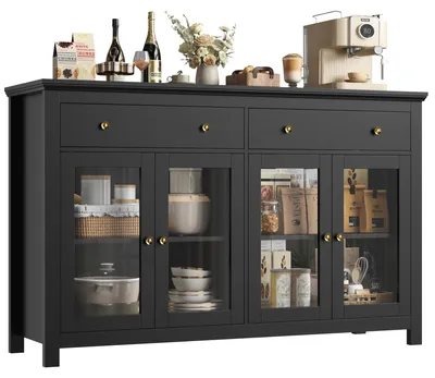 Produktbild von Sideboard - Küchenschrank - 2 Schubladen - 4 Glastüren - Verstellbarer Einlegeboden - Metallrahmen - Schwarz