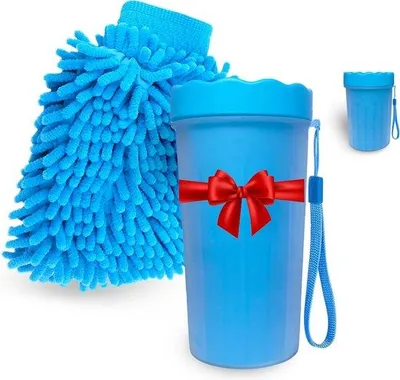 Produktbild von Hundepflegespray mit Mikrofaserhandschuh, keine schmutzigen Pfoten mehr für große oder kleine Hunde.