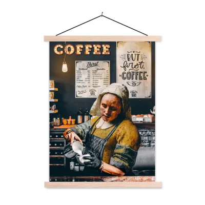 Produktbild von MuchoWow® Textilposter Milchmädchen - Barista - Kaffee - Vintage - Kunst - Abstrakt - Malerei - Alte Meister 40x53 cm mit holzfarbenen Rahmen - Schlafzimmer