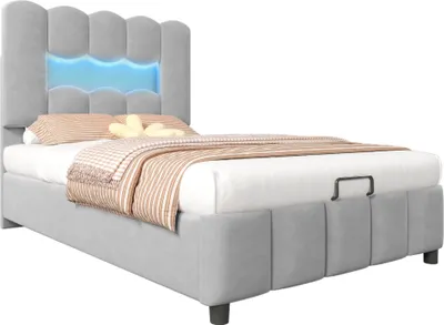 Produktbild von Merax Polsterbett 90x200 cm, Kinderbett mit Hydraulischem Stauraum, LED, Verstellbares Kopfteil, Lattenrost, Samt, Einzelbett, Jugendbett, Grau