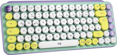 A top-down view of a colorful mechanical keyboard.
