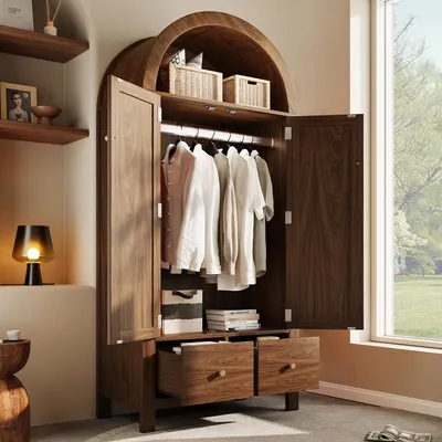 Produktbild von okwish Kleiderschrank mit 2 magnetischen Türen und 2 Schubladen,Garderobenschrank mit offene halbrunde Ablag,Aufbewahrungsschrank mit Kleiderstange und Kippsicherung,Nussbaum
