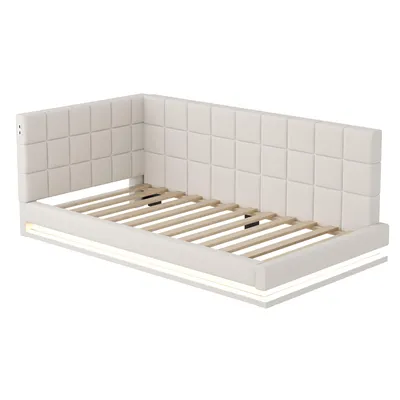 Produktbild von okwish Modernes Schlafsofas 90x200 Jugendbett mit LED-Beleuchtung und USB-Anschluss,Gästebett ohne Matratze mit Lattenrost,Beige