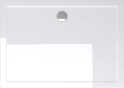 A top-down view of a white rectangular shower tray with a circular drain in the upper center.