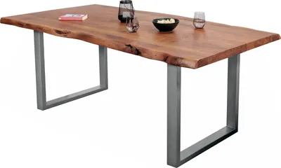 Produktbild von Esstisch Baumkante massiv Akazie Nussbaum 240 x 120 U-Gestell silber CALI