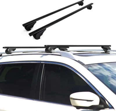 Two black roof racks are shown against a white background, and a pair of roof racks are installed on the roof of a white car.
