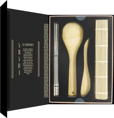 Produktbild von HowHomely | Sushi Set 4-tlg - Essstäbchen Löffel Rollamtte Messer - aus Bambus - tolle Geschenkidee