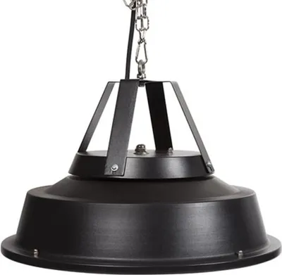 A black ceiling-mounted patio heater with a chain suspension.