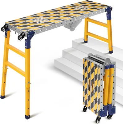 Produktbild von 2in1 60-90cm Höhenverstellbar Arbeitsplattform Mobiler Schweißtisch Klappbare 120*36cm Arbeitsbühne Laufbühne Gerüst Antirutsch Werkbank Verzinkte