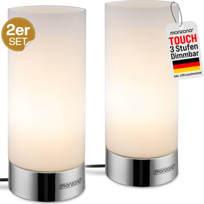 Produktbild von MONZANA® Nachttischlampe 2er Set Touch Dimmbar mit LED Leuchtmittel Glasschirm Tischlampe Tischleuchte Wohnzimmer Schlafzimmer Nachtlicht Leselampe