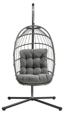Immagine prodotto di Poltrona sospesa in rattan grigio, dondolo da giardino, pieghevole, cuscino da 15 cm, struttura in acciaio, portata 150 kg, per interni ed esterni, terrazza, balcone, resistente ai raggi UV, con copertura impermeabile inclusa