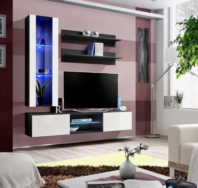 Immagine prodotto di Parete attrezzata completa, vetrina sospesa, mobili per soggiorno, set di design, mensole a muro