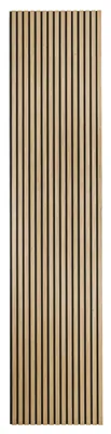 A full shot of a wooden acoustic panel with vertical slats.