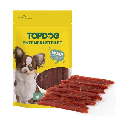 Produktbild von TOPDOG Entenbrustfilet in Streifen - zuckerfrei - getreidefrei - Snack für Hunde - 12x 80g