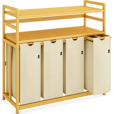 Produktbild von AdelDream Wäschesortierer mit Regalen 4 Fächer 2 Ablagen Bambus Wäschekorb 200L Wäschebox Laundry Basket Wäsche Aufbewahrungskorb für Gegenstände