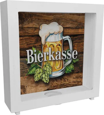 Produktbild von Bierkasse mit Hopfen und Bierkrug Rahmen Spardose aus Holz