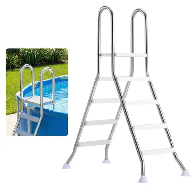 Produktbild von Poolleiter für Aufstellpools - A-Rahmen Sicherheitsleiter - Edelstahl - 150 kg Tragkraft - Bis 125 cm Pooltiefe - 3 rutschfeste Stufen mit Plattform - Silber