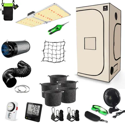 Produktbild von Canna4Home GrowBox Komplettset 100 x 100 x 200 cm beige Anbau Set Gewächshaus mit dimmbarer LED Vollspektrum Grow-Lampe, mit Abluftset, Pflanztöpfe