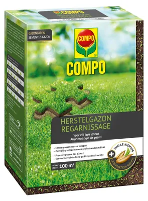 Produktbild von Compo Rasensamen 2kg bis 100m² - Reparaturrasen beschichtet - Zur Reparatur und Nachsaat - Schnelle Keimung - Grün gefärbt gegen Vogelkot