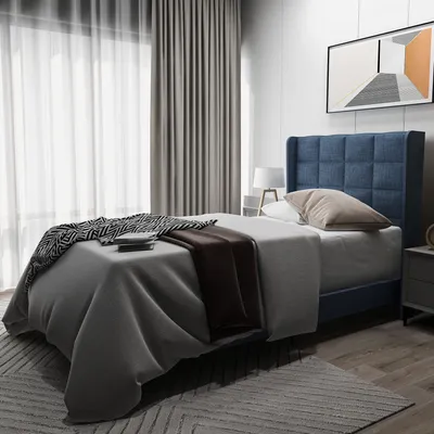 A bedroom scene with a bed, curtains, and a painting on the wall.