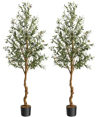Produktbild von Künstlicher Olivenbaum - Indoor Deko Pflanze - 2er Set, 180 cm hoch - Naturgetreu mit Früchten - Echtholzstamm - Schwarzer Topf