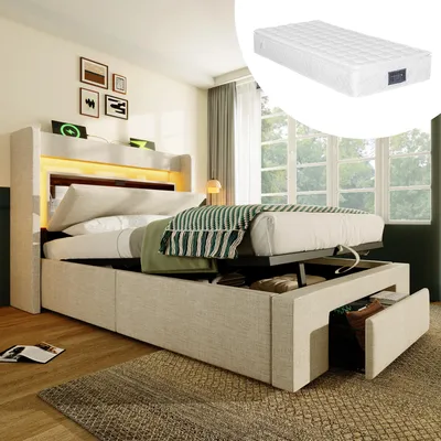Image de OKWISH Lit Coffre 90x200 cm - Lit Simple Rembourré avec LED et USB, Niche de Rangement, Matelas Inclus, en Lin Beige