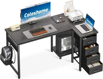 Produktbild von Eckschreibtisch L-förmig, 4 Stoffschubladen, 120 x 70 cm, für Büro und Schlafzimmer