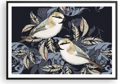 Produktbild von Gerahmtes Poster - Schwarzer Rahmen - Vögel Blätter Ornament - 100x70 cm - Wand Bild - Wanddeko - Wandbilder - Kunstposter - Wandposter - Bilderrahmen - Bilder - Kunstdruck - P2BAA100x70-4408